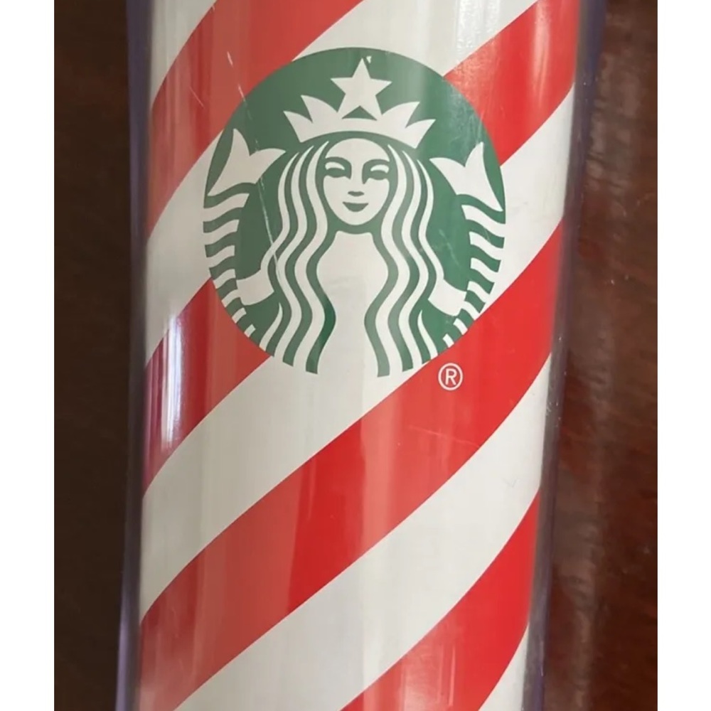 NWOT Starbucks Red-and-White Striped 16 oz Traveler.